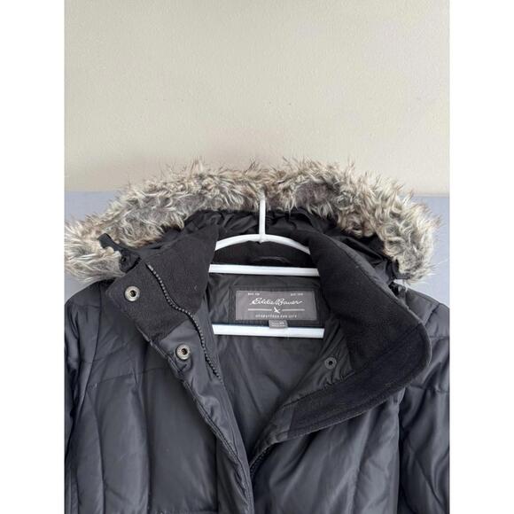 Eddie Bauer Black Goose Down Puffer Parka Womens XS Faux Fur Hooded Winter Coat - Picture 2 of 10